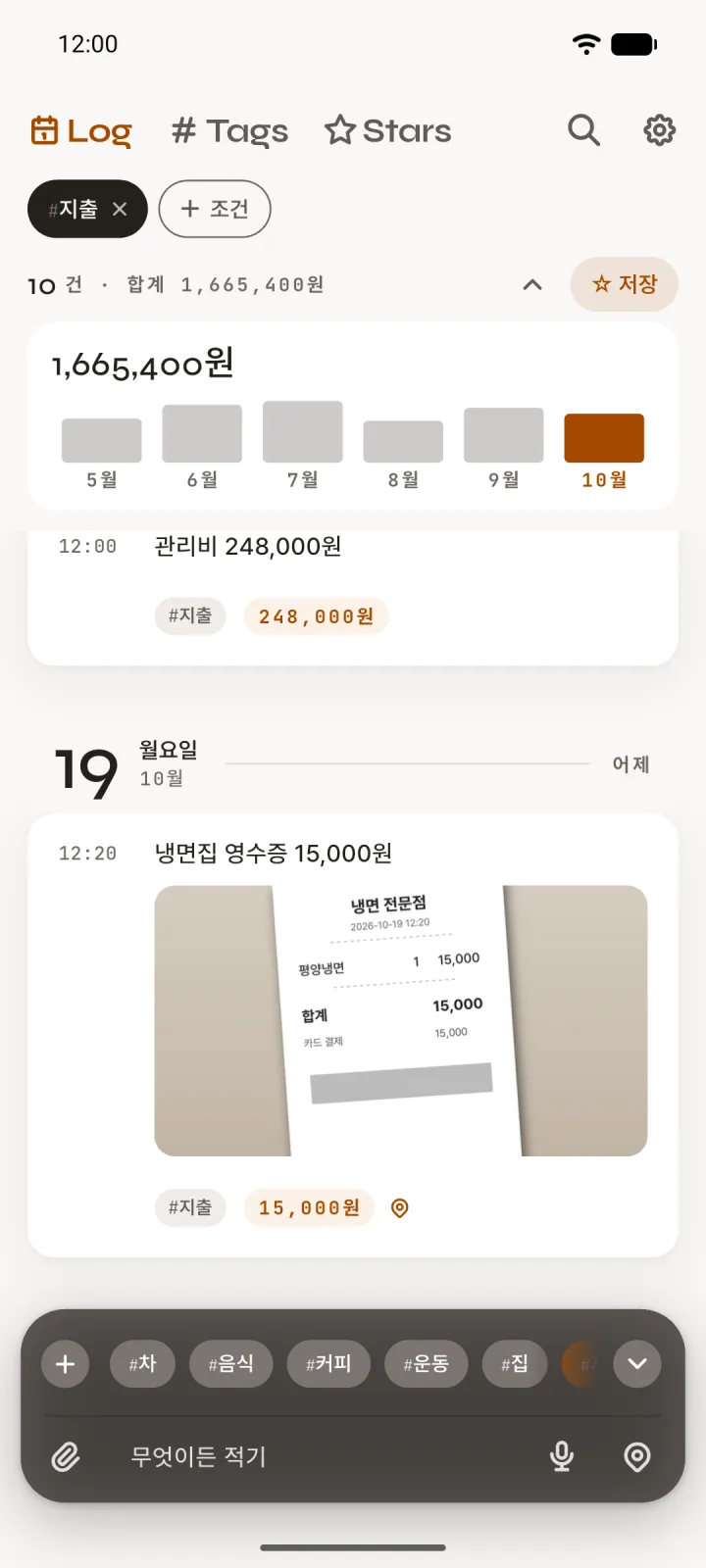 Ten spending entries filtered by one tag, with the total and a bar for each month